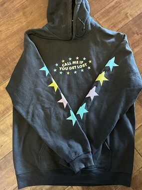 Black Hoodie with Pastel Star Graphic - "Call Me If You Get Lost"